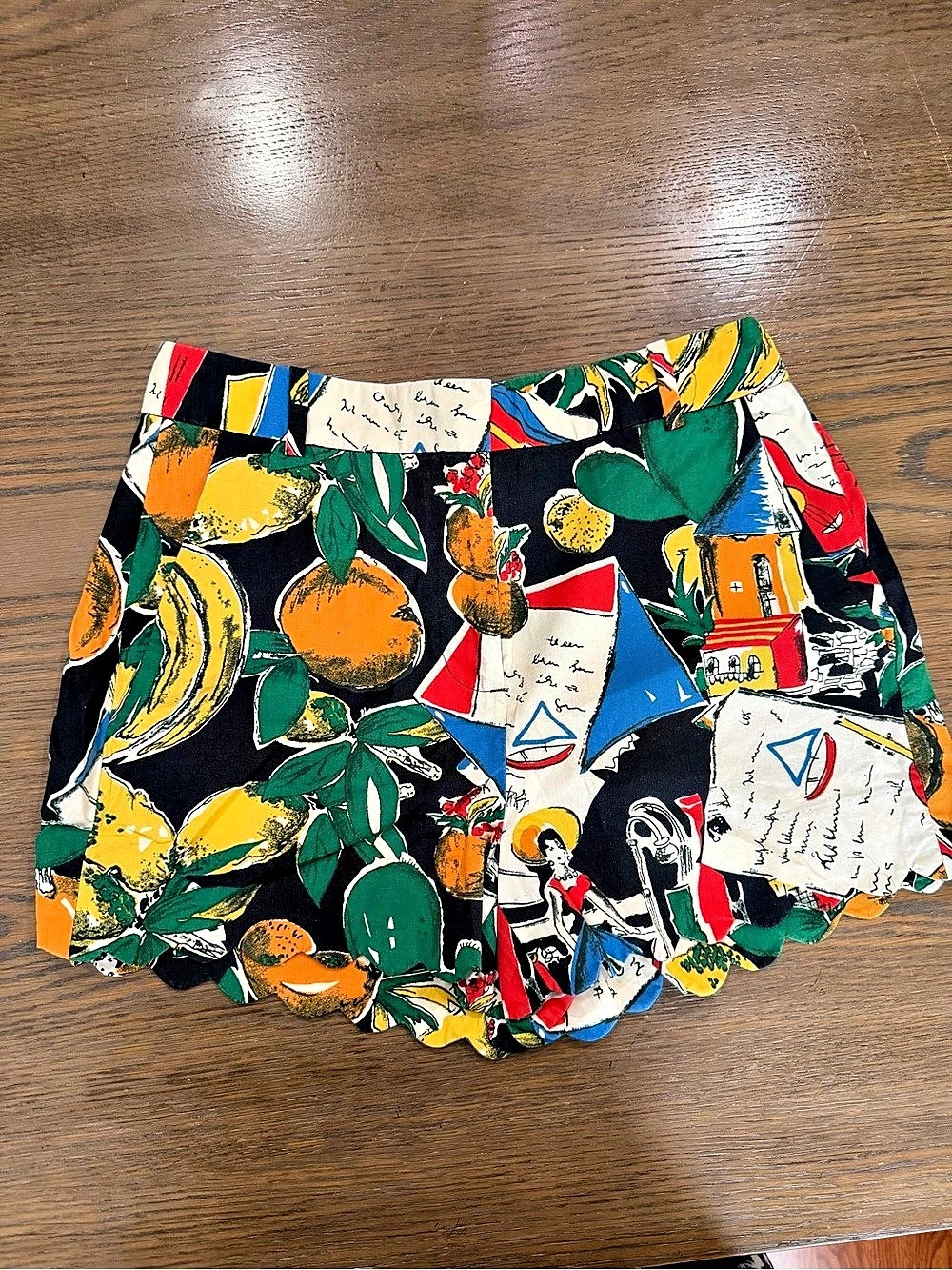 J.Crew Postcard Print Scallop Shorts in Black & Green